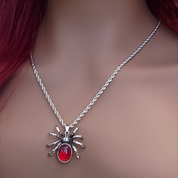 Gothic Style Red Crystal Cute Spider Pendant Necklace Punk Rock Halloween - Picture 2 of 8